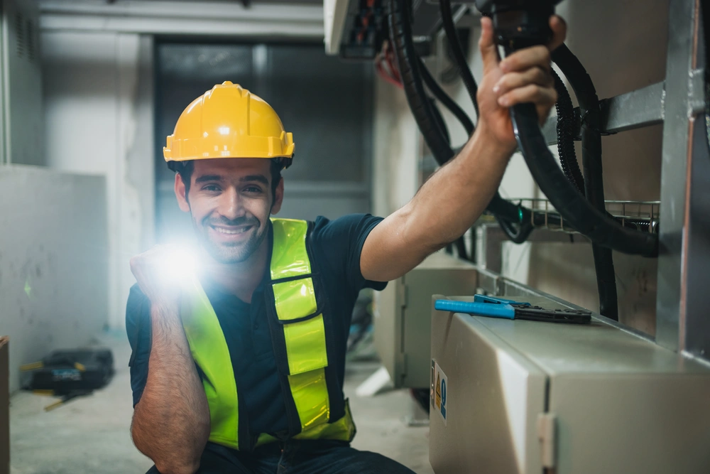 Cheerful Electrician Working
